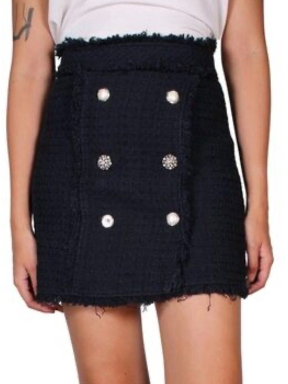 New Zara Tweed Black Mini Skirt Double Breasted with Perl and Rhinestone Buttons